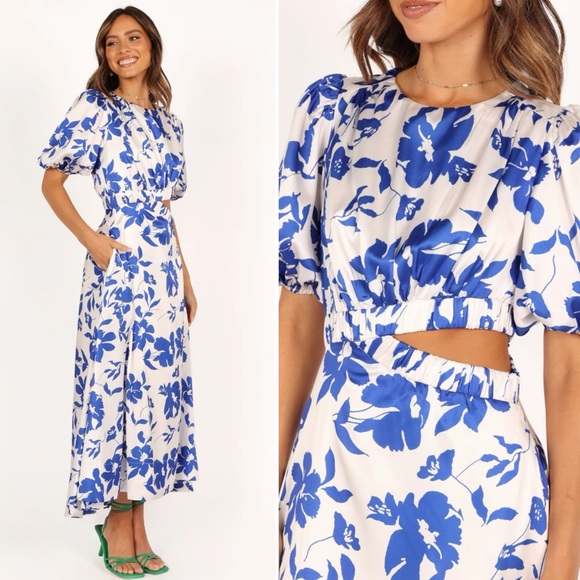Petal & Pup Dresses & Skirts - Petal & Pup Aminah Puff Sleeve Dress Blue White Floral Side Cut Out Midi Large